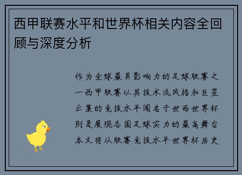 西甲联赛水平和世界杯相关内容全回顾与深度分析